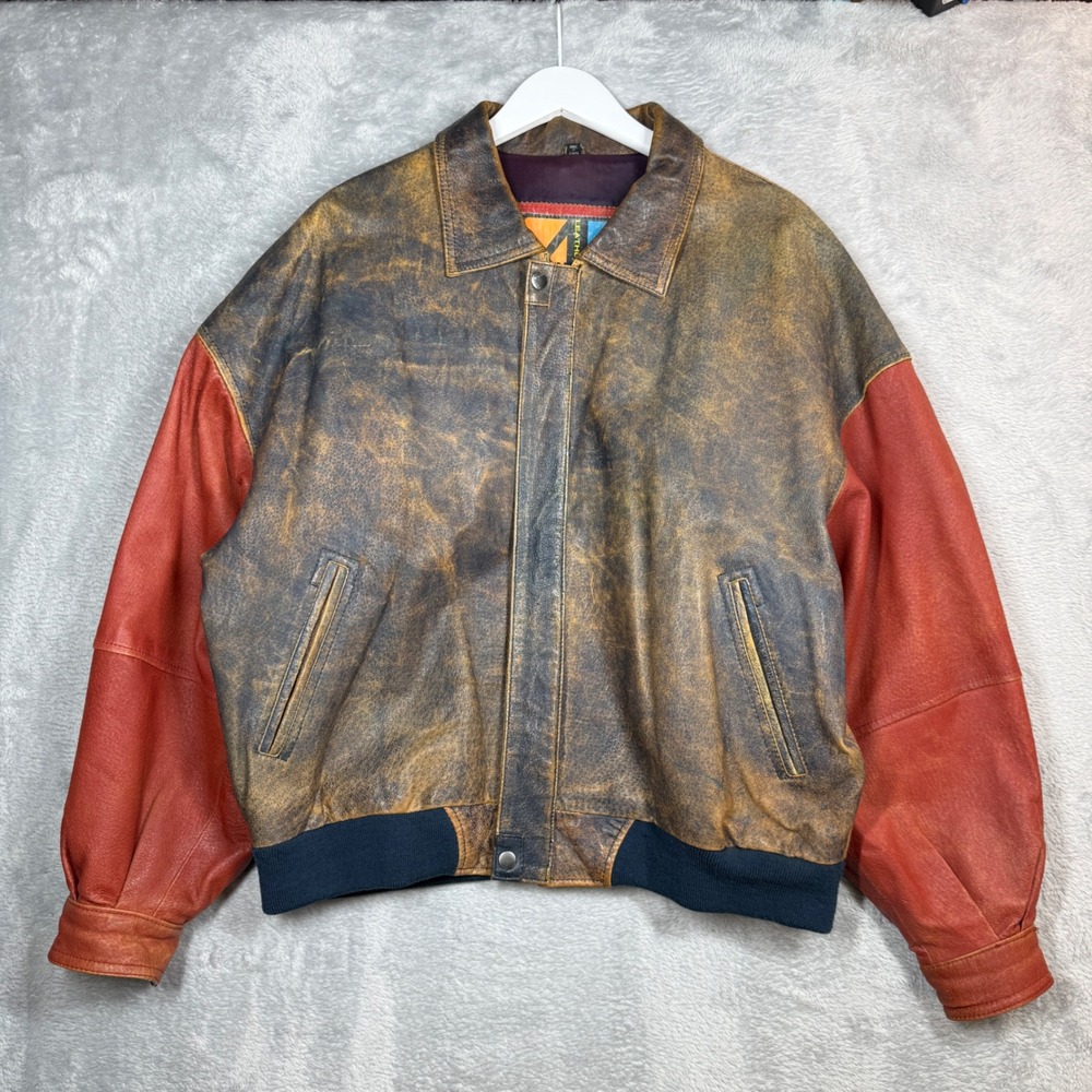 Vintage 4 Ever Leather Bomber Jacket Mens L Brown Red Faded Distressed 90s